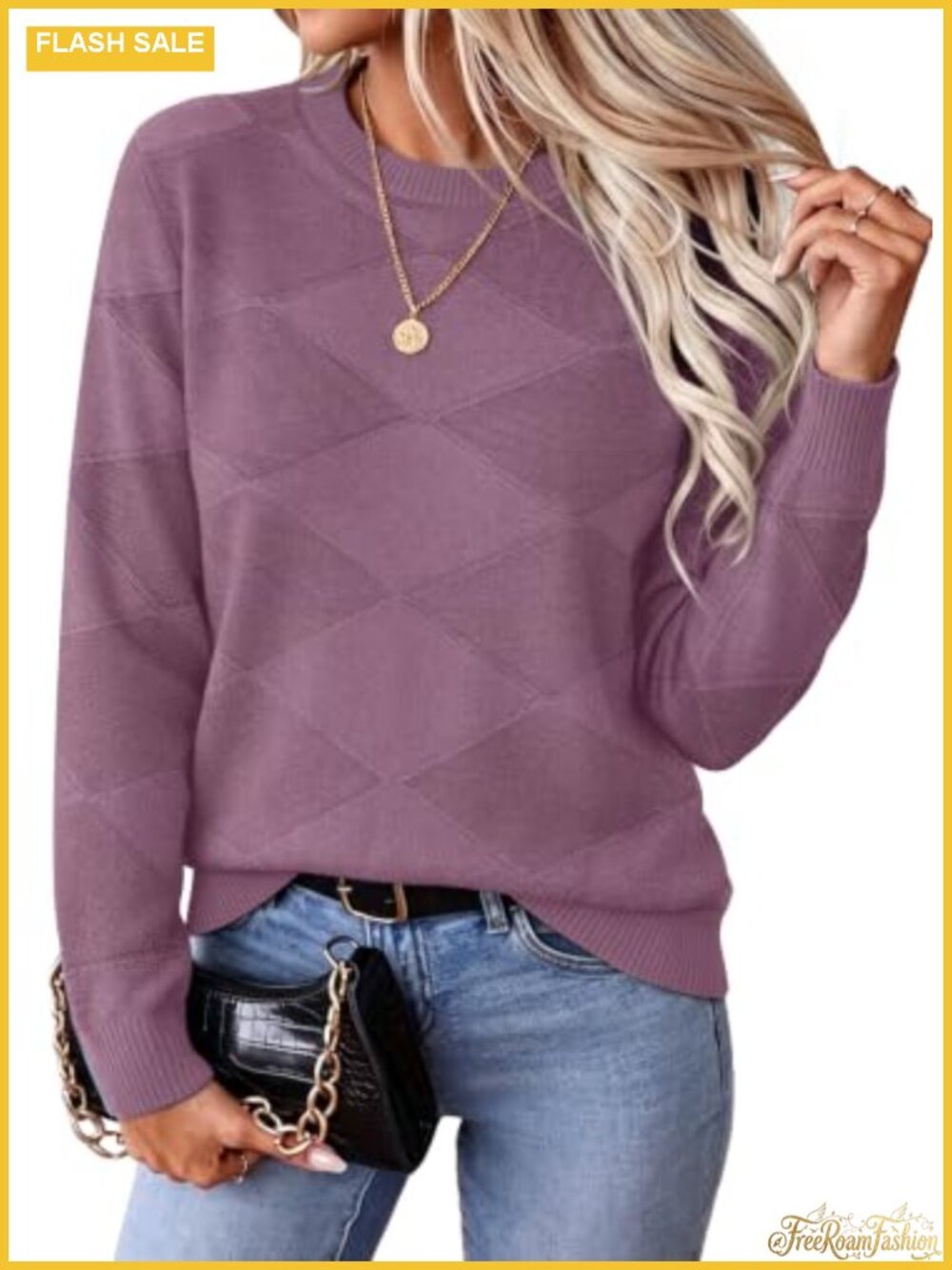 Womens Crewneck Pullover Sweater Long Sleeve Diamond Knit Fall Top